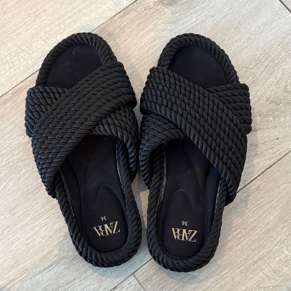 Zara Black Braided Rope Cross-Over Slide Sandals